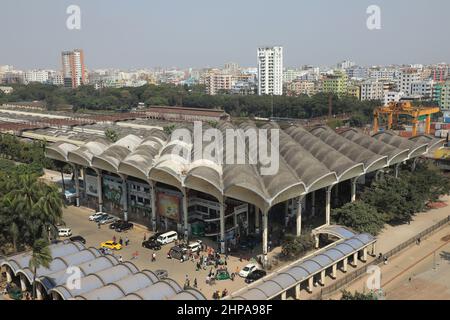 Dhaka, Bangladesh. 19th Feb, 2022. Kamalapur Railway Station is the central railway station in Dhaka. It is the largest station in the country and the most important terminal for transportation between Dhaka and the rest of Bangladesh. It is also one of the most modern and striking buildings in Dhaka, designed by Berger Consulting. The design process started under the direction of Daniel Dunham, followed by Robert Boughey. It was opened on 1st May 1968 (Photo by Md Manik/SOPA Images/Sipa USA) Credit: Sipa USA/Alamy Live News Stock Photo