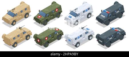 Isometric Mine-Resistant Ambush Protected. United States military light tactical vehicles produced as part of the MRAP. Designed to withstand Stock Vector