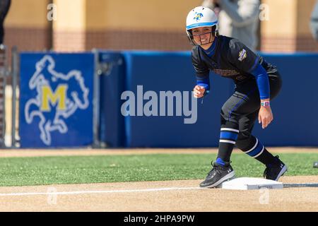 McNeese State Cowgirls outfielder Erin Ardoin (6) looks at the pitcher while on 3rd base against North Texas Mean Green, Sunday, Feb. 13, 2022, in Lak Stock Photo