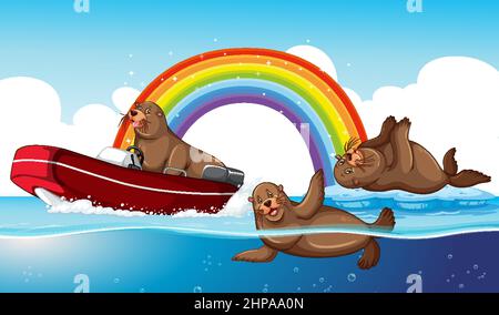 Sea lions animal cartoon in the water with rainbow illustration Stock Vector