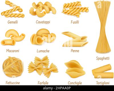 Realistic pasta types, farfalle, spaghetti and penne macaroni. Italian cuisine dish, dry organic pasta vector illustration set. Pasta types for restau Stock Vector