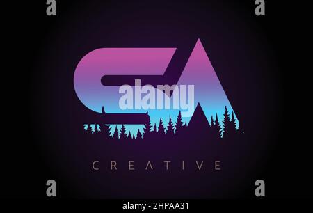 SA Letters Logo Design with Purple Blue Colors and Pine Forest Trees Concept Vector Icon. SA Trees Logo with Vibrant Gradient Colors Idea. Stock Vector