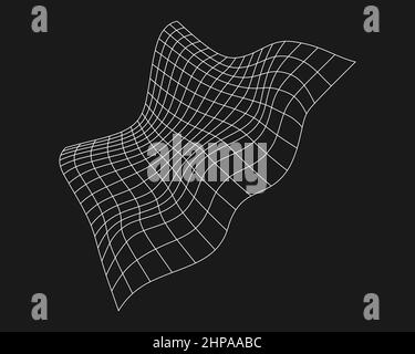 Cyber distorted grid, retro punk design element. Wireframe wave geometry grid on black background. Vector illustration Stock Vector