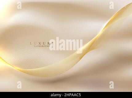 Abstract 3D elegant golden wave lines and lighting effect on fabric satin background. Luxury style. Vector illustration Stock Vector