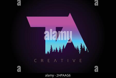 TA Letters Logo Design with Purple Blue Colors and Pine Forest Trees Concept Vector Icon. TA Trees Logo with Vibrant Gradient Colors Idea. Stock Vector