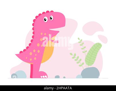 Cute pink dino. Kind smiling baby dinosaur tyrannosaurus. Cartoon baby graphic design print banner. Vector eps illustration Stock Vector