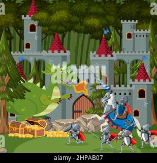 Medieval warriors fighting with ancient dragon illustration Stock ...