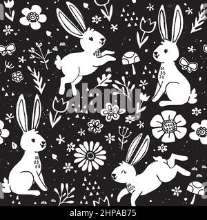 Woodcut Bunny Meadow Vector Pattern Stock Vector