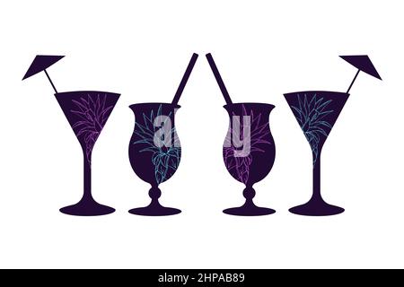 Set of cocktails summer dark silhouettes with pineapple outline, hand drawn doodle, isolated, white background. Vector illustration Stock Vector