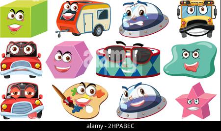 Set of different toy objects with smiley faces illustration Stock Vector