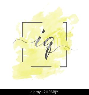 Calligraphic lowercase letters I and Q are written in a solid line on a colored background in a frame. Stock Vector