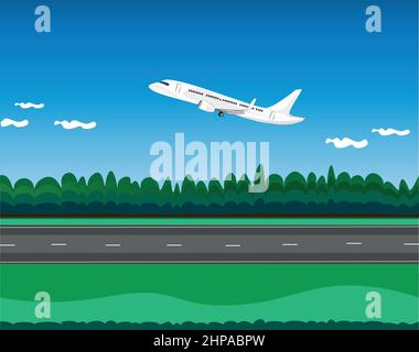 a passenger plane taking off at the airport. A white passenger plane starts a new flight towards a brighter future. Travel opens up new horizons. The Stock Vector