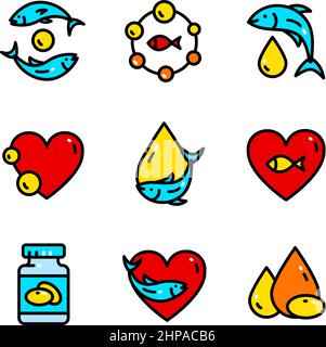 Omega 3 colored icon, logo design. Fish oil vector design in trendy flat style. Fish simple icon set isolated on white background. Stock Vector