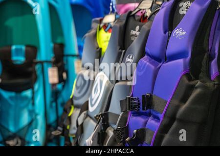 O'Brien life jackets and various brands of kayaks on display in the watersports section of Dick's Sporting Goods at the Mall of Georgia near Atlanta. Stock Photo