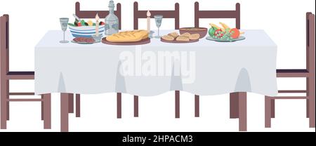 Dining table semi flat color vector object. Full sized item on white. Interior item. Part of house arrangement simple cartoon style illustration for w Stock Vector
