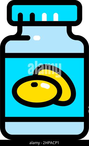 Pill, capsule colored icon. Vector design element in flat style. Logo simple template. Omega 3, A, D, K, C E dietary supplement, multivitamin fatty dr Stock Vector