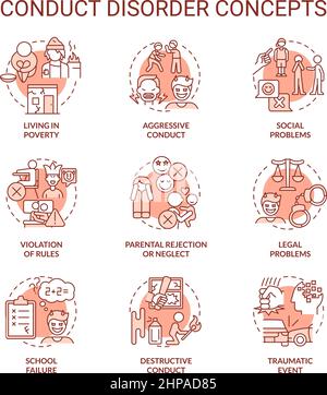 Conduct disorder red concept icons set Stock Vector