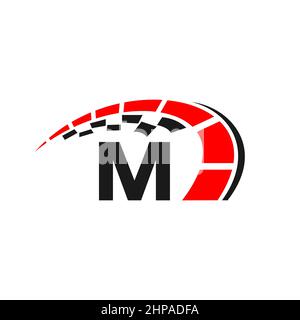 Sport Car Logo On Letter M Speed Concept. Car Automotive Template For Cars Service, Cars Repair With Speedometer M Letter Logo Design Stock Vector