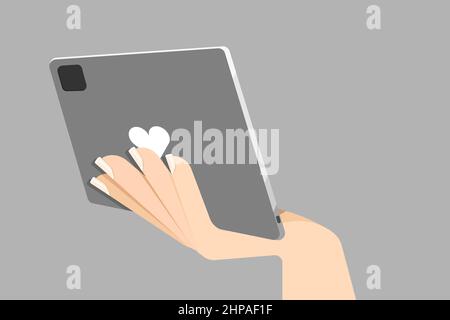 Woman hand holding a tablet with heart shape icon. Vector Illustration Stock Vector