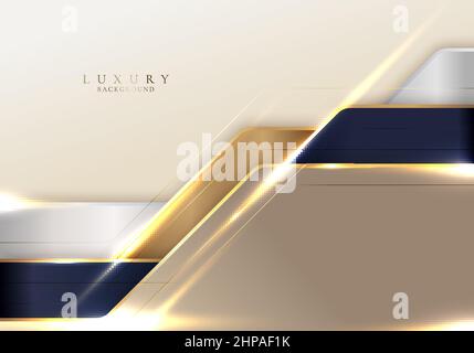 Abstract 3D blue and golden stripes geometric shapes with shiny gold lines lighting effect on cream background template luxury style. Vector illustrat Stock Vector