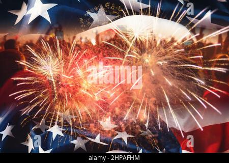 National holidays template banner. Double exposure background with waving flag of the USA, fireworks and people. Copy space. Stock Photo