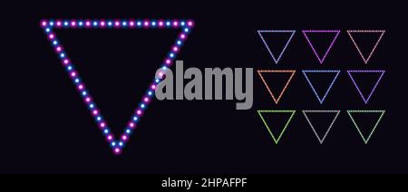 Neon triangle frame with bicolor lamps. Glowing neon triangle border set with bulbs. Garland triangular frames with copy space. Vector templates for b Stock Vector