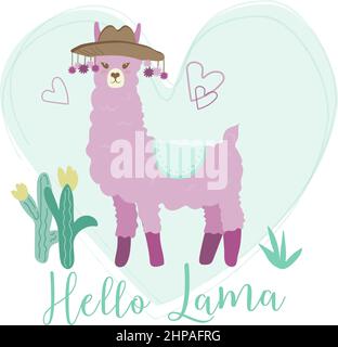 Enamored purple llama on a mint background. Cactus and the inscription hello lama Llama in a hat with pompoms. Background with hearts. The vector is m Stock Vector