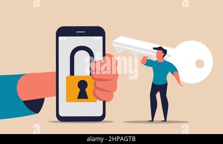 Unlock internet with key on phone and confidential secret blocked. Private finance data and guard vector illustration concept. Mobile identify and acc Stock Vector