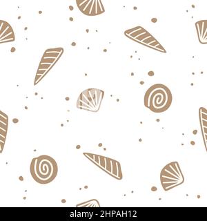 Beige sea shells on a white background. Vector Seamless pattern Stock Vector