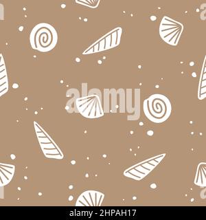 White sea shells on a beige background. Vector Seamless pattern Stock Vector