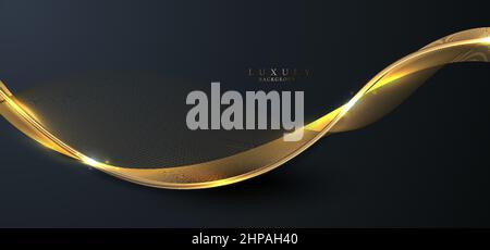 Abstract elegant 3D golden wave curved line elements with lighting effect on dark blue background. Luxury style. Vector graphic illustration Stock Vector