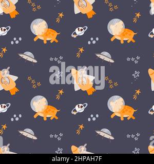 Flying dinosaurs seamless pattern. Stars, planets. Space. Dinosaurs in space. The vector is made in a flat style. Illustration. Suitable for textiles Stock Vector