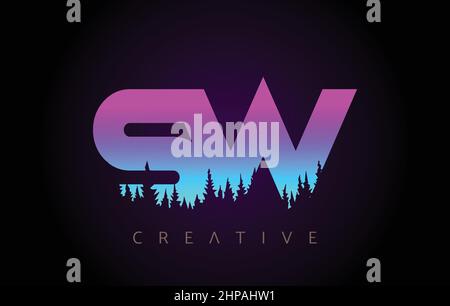 SW Letters Logo Design with Purple Blue Colors and Pine Forest Trees Concept Vector Icon. SW Trees Logo with Vibrant Gradient Colors Idea. Stock Vector