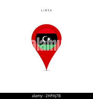Teardrop map marker with flag of Libya. Libyan flag inserted in the location map pin. Flat vector illustration isolated on white background. Stock Vector