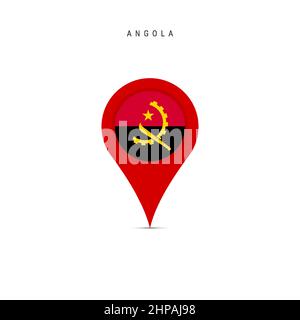 Teardrop map marker with flag of Angola. Angolan flag inserted in the location map pin. Flat vector illustration isolated on white background. Stock Vector