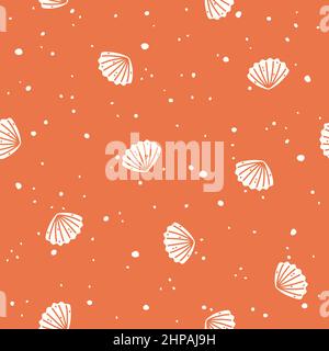 White seashells on a red background. Vector Seamless pattern Stock Vector