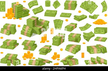 Cartoon dollar cash, money stacks and banknotes. Green dollars bill bundle, piles of cash and gold coins vector illustration set. Golden coins and ban Stock Vector