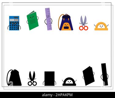 A puzzle game for kids to find the right shadow. Cute cartoon school supplies. Vector isolated on a white background Stock Vector