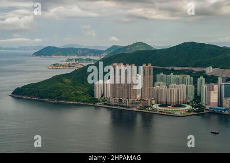 Aerial from helicopter showing Island Resort, Sui Sai Wan Estate and Stadium, Chai Wan, Hong Kong Island, 2008 Stock Photo