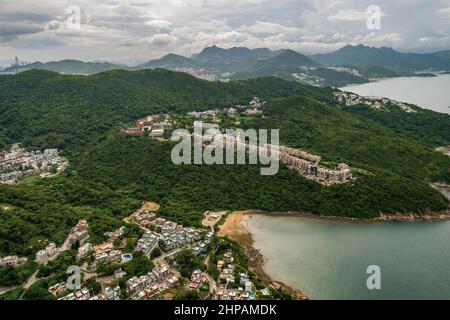 Aerial from helicopter showing Sheung Sze Wan and The Portofino, Clear Water Bay, Hong Kong, 2008 Stock Photo