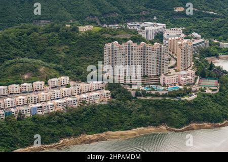 Aerial from helicopter showing the residential developments on Red Hill Peninsula, Hong Kong Island, 2008 Stock Photo