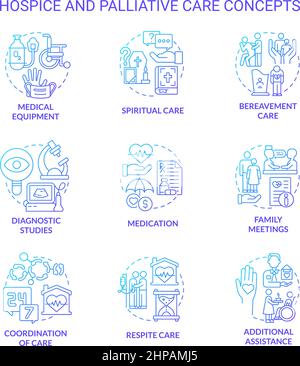 Hospice and palliative care blue gradient concept icons set Stock Vector