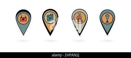 Set of vector pins with location icons. Colored pointers for route markers. For applications, video, printing. Refueling, gas, petrol, battery Stock Vector