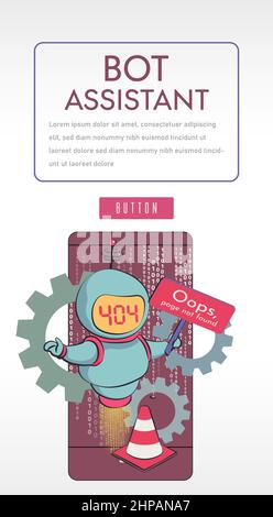 Oops, page 404, text not found. virtual assistant robot website or mobile apps. Stock Vector