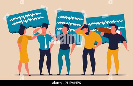 Business group research method and ideas scrum team. Teamwork wall thinking and workshop work vector illustration concept. Man and woman cooperation w Stock Vector