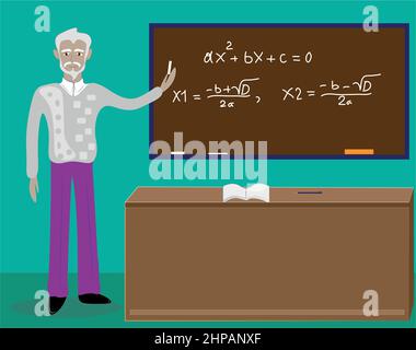 Senior teacher in the school classroom. Vector black and white coloring ...