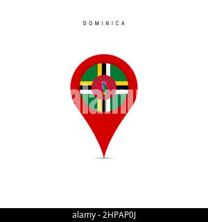 Teardrop map marker with flag of Dominica. Dominican flag inserted in the location map pin. Flat vector illustration isolated on white background. Stock Vector