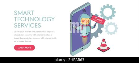 Oops, page 404, text not found. virtual assistant robot website or mobile apps. Stock Vector