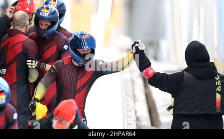 Beijing, China. 20th Feb, 2022. Francesco Friedrich of Germany celebrates after the bobsleigh 4-man heat of Beijing 2022 Winter Olympics at National Sliding Centre in Yanqing District, Beijing, capital of China, Feb. 20, 2022. Credit: Yao Jianfeng/Xinhua/Alamy Live News Stock Photo