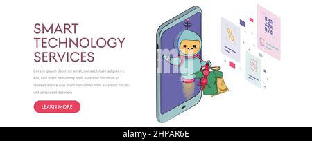 robot virtual assistant website or mobile apps. robot with shopping sale holiday shopping artificial intelligence technology concept. Stock Vector